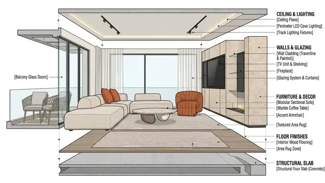 Exploded diagram of a living room in layers: ceiling and lighting, walls and glazing, furniture, floor finishes and structural slab, each labelled