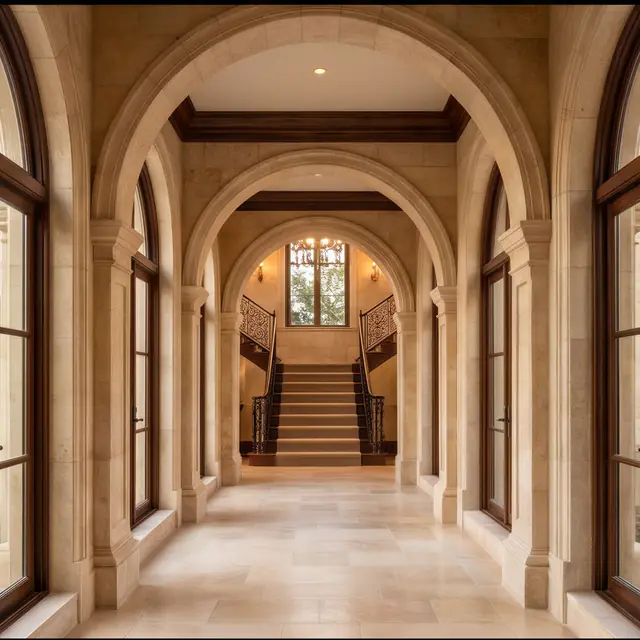 A villa in warm stone, glowing at golden hour.