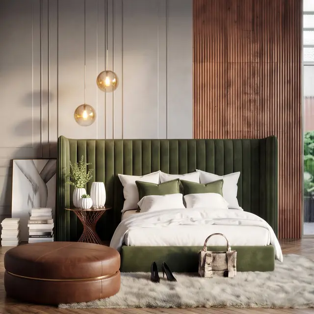 Green velvet, walnut and warm amber light.