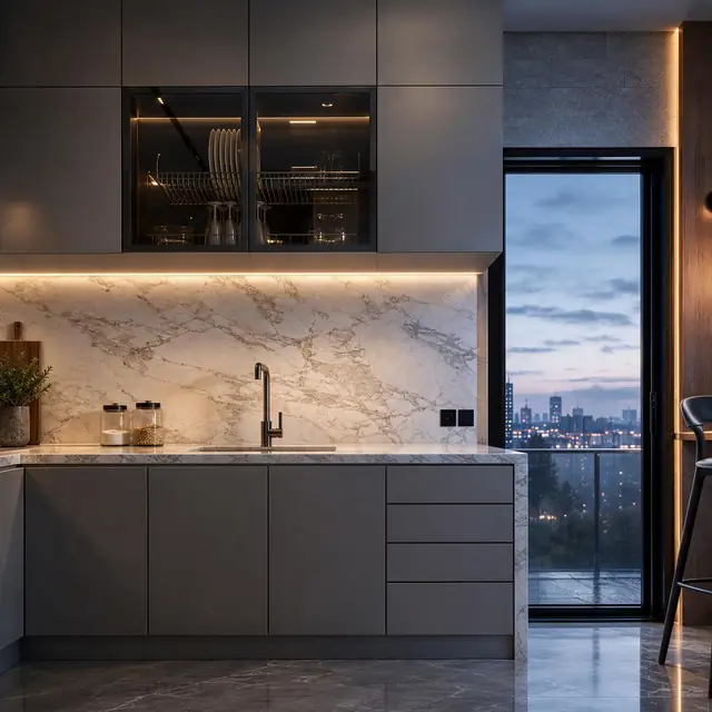 Soft grey, marble and a warm line of light.